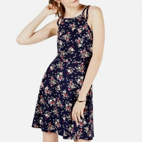 Planet Gold Dresses & Skirts - Planet Gold Medium Evening Blue Floral Double Strap Skater Dress NWT